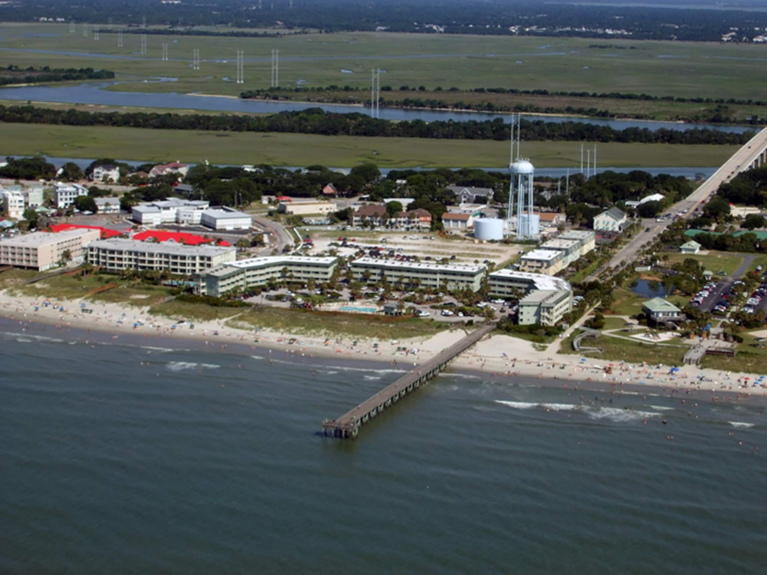 Aerial view of the Sea Cabin complex, beach and private pier on Isle of Palms